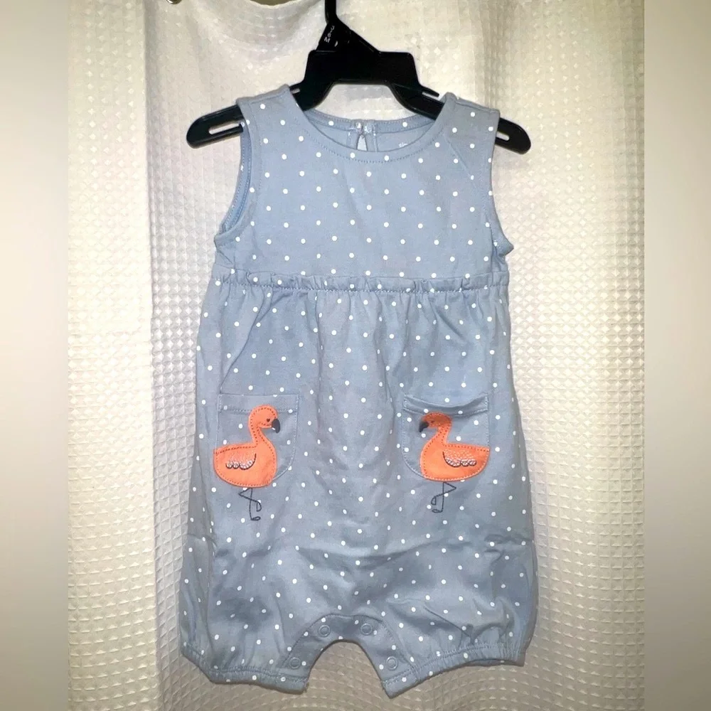 NWOT Cute Polka Dot Baby Romper with Flamingo Design